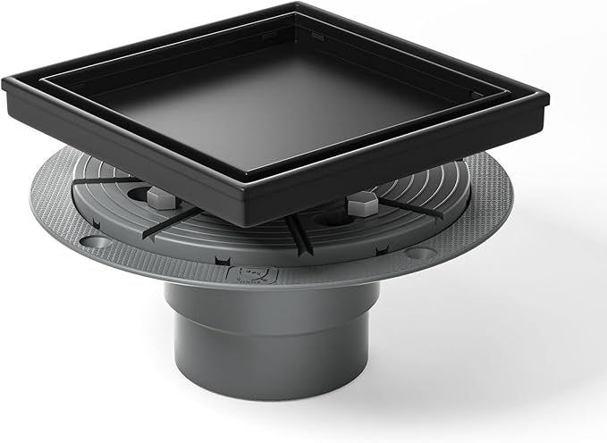 Square Shower Drain 6" with 2" PVC Flange Base, 304 Stainless Steel Tile in Floor Drain w/Tiled Insert Grate & Hair Catcher, CUPC Certified(Matte Black, 6'')
