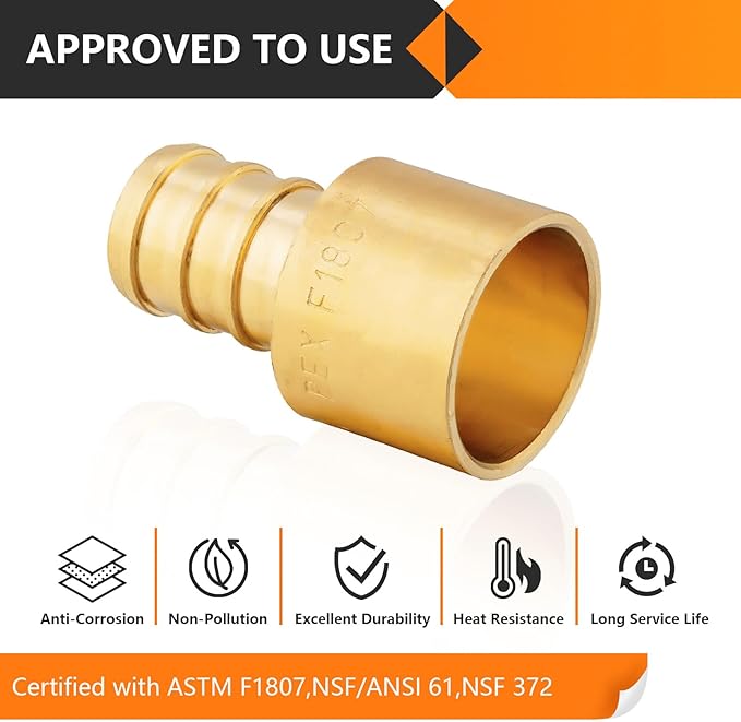 10-Pack HeSun PEX Fittings, 1/2" PEX x 1/2" Female Sweat Adapter (Over Copper Tube), Brass Crimp Fitting for ASTM F1807(PEX1807127)