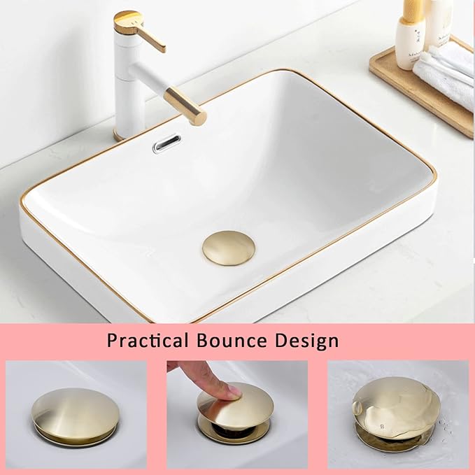 Bathroom Pop Up Drain with Overflow, Bathroom Sink Push Pop Up Assembly Vessel Sink Drain with Overflow. (Brushed Gold)