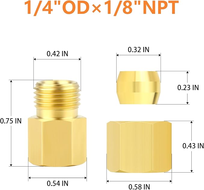 GASHER 10PCS Brass Compression Union Tube Pipe Fitting Connector, 1/4" Tube OD x 1/8" NPT Female Connector