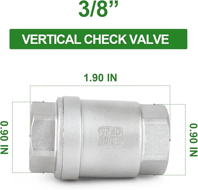 TAISHER 2PCS 304 Stainless Steel 3/8" Female Vertical Check Valve，Backflow Prevention, One Way Spring Check Valves CF8 WOG 1000
