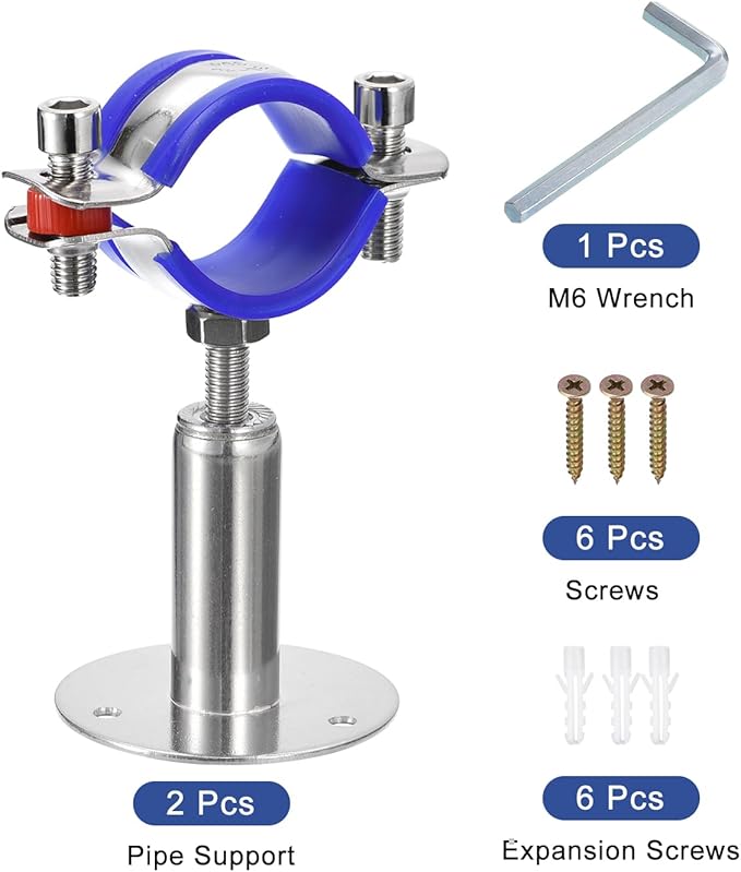 uxcell 2Pcs Stainless Steel Pipe Supports Wall Mount Ceiling Mount Pipe Bracket Adjustable Clamp Pipe Strap Fit for Dia 38-40mm Pipe Tube