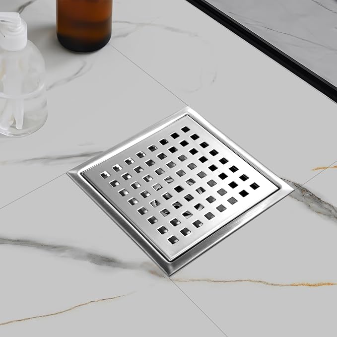 morefine Square Shower Drain with Flange, Shower Drain 6 inch with Removable Grate Cover, SUS 304 Stainless Steel, Brushed Nickel
