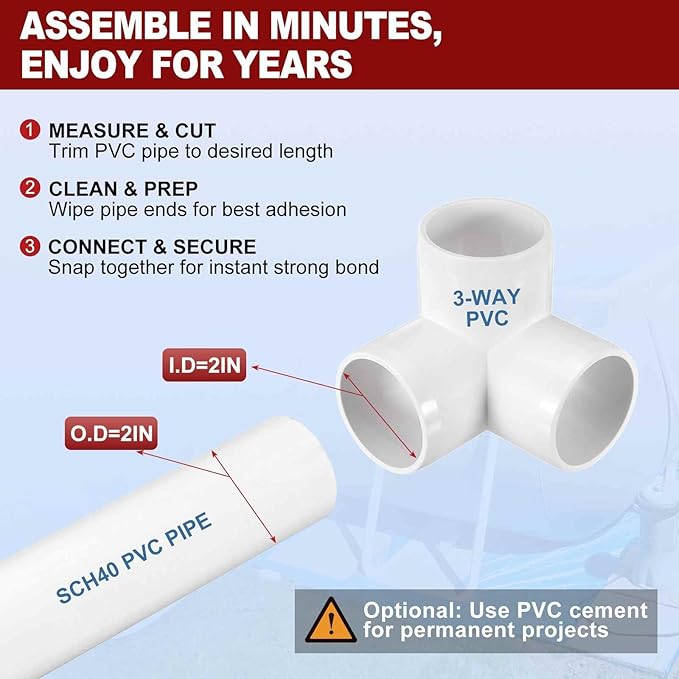4Pcs 2" Elbow PVC Fitting, SCH40 3-Way Tee Furniture Grade PVC Pipe Fitting, DIY Corner Elbow Connector for Building Furniture, Greenhouse Frame Connection, Socket x Socket, White