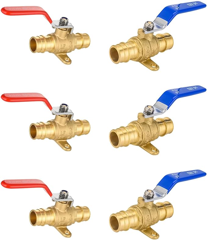 6-Pack Foskan Brass PEX-A Expansion Drop Ear Full Port Ball Valve, 1" Shut-off Valve for Hot and Cold Water Distribution(Blue and Red)