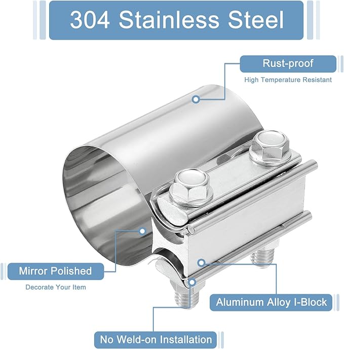 uxcell 2.2 Inch Exhaust Clamp, 304 Stainless Steel Butt Joint Band Clamp Sleeve Coupler Pipe Repair Clamp Universal Widening Clamp for Exhaust Pipes Mufflers, Silver