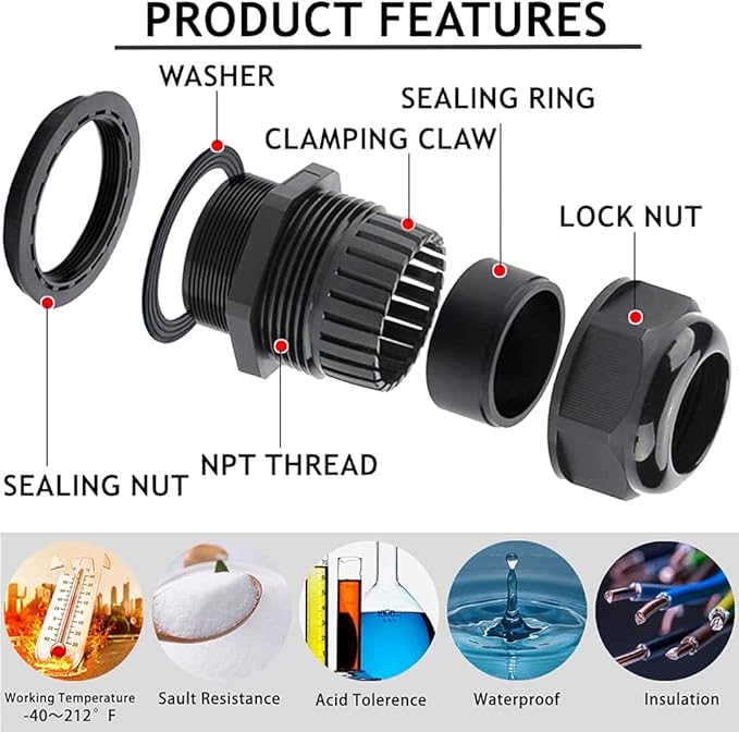 PENGLIN Cable Glands 1-1/4" NPT Nylon Cable Connector, Strain Relief Cord Connector, IP68 Waterproof Adjustable Locknut(1-1/4 Inch (12-Pack))