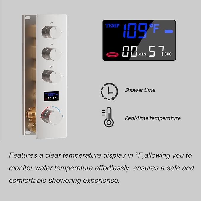 Shower Valve Concealed Shower Mixing Faucet with Temperature Display Function, Flow Control Brass Diverter Valve Kit, 3 Function Can Be Activated Simultaneously, Chrome