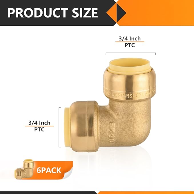 HeSun 6-Pack 3/4" Push-Fit Brass Elbow Fittings with Disconnect Clip for PEX, Copper, CPVC, PE-RT Pipes