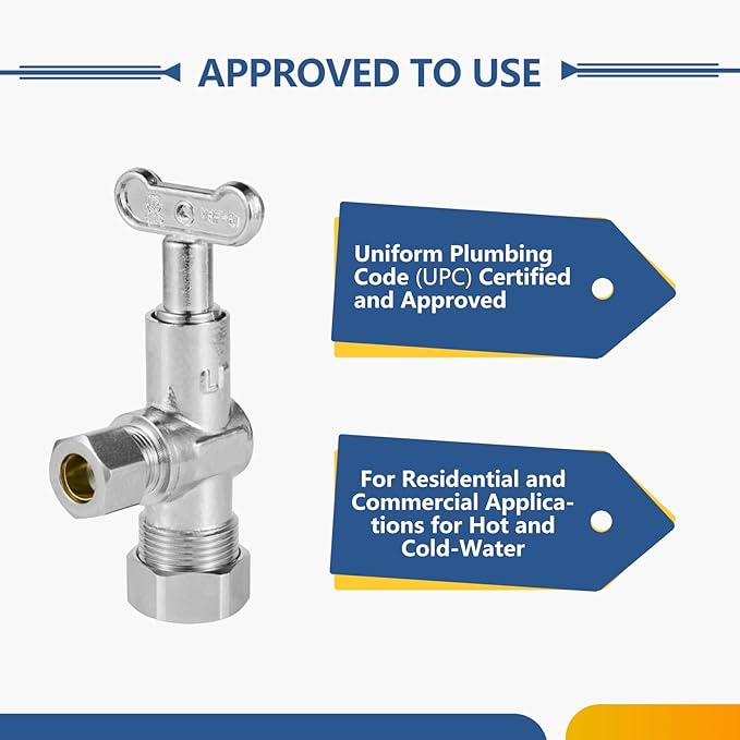 10-Pack GUOFIS Angle Stop Valve with 1/4 Turn Loose Control Key,1/2" Nominal (5/8" OD) Compression x 3/8" OD,Chrome Plated Brass Shut-off Valves for Potable Water(VALVE142-10Pack)