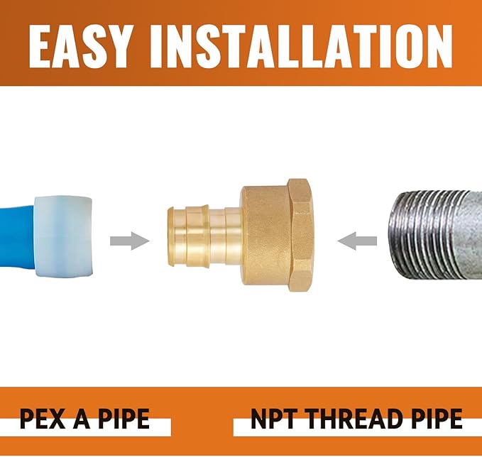 SUNGATOR 6 Pack Pex A Expansion 1/2" x 1/2" Female NPT Adapter Brass Fitting, No Lead Brass, ASTM F1960 ONLY For Pex-A Tubing