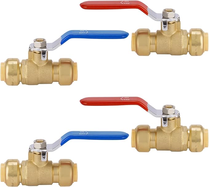 HeSun 4-PCs 3/4 Inch Push Fit PEX Ball Valve, Push-to-Connect Full Port Shut-off Valve for Hot and Cold Water,with 1 Disconnect Clip, PEX,Copper,CPVC, Blue & Red