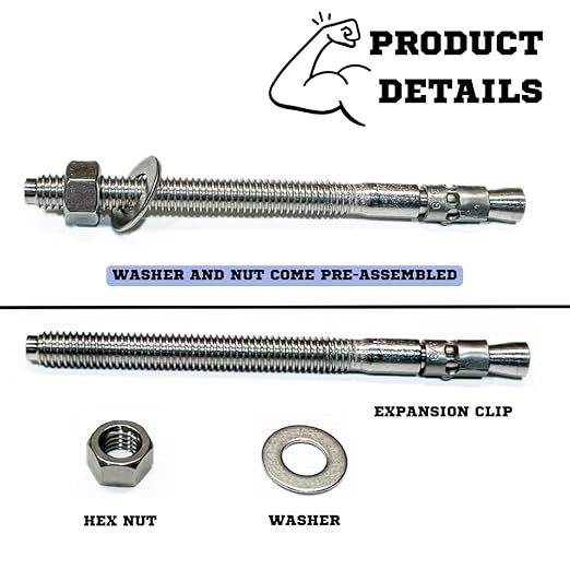 Wedge Anchors – Heavy-Duty 304 Stainless Steel Expansion Bolts for Concrete & Masonry, Rust-Resistant & Durable - 3/8" X 5" - 25 Pack