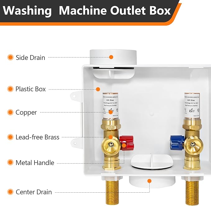 1-Pack HeSun Washing Machine Outlet Box, 1/2 Inch MIP(Sweat) Inlet x 3/4 Inch MHT Outlet, Laundry Pex Washer Outlet Box,with Copper Water Hammer Arrestor(WM011)