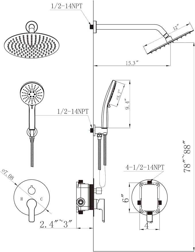 Shower Faucet Set 12IN Brass Rough-In Valve Body Trim Kit Rainfall Included Handle Accessories Complete 2 Functions with Rain Head and Handheld Bathroom Systems (12'', Brushed Nickel)