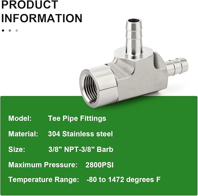 TAISHER 1PCS Forging of 304 Stainless Steel 3 Way Tee Hose Barb Fitting, 3/8" Hose Barb x 3/8" Hose Barb x 3/8" NPT Female for Fuel/Air/Lquid/Gas with 2PCS Hose Clamp