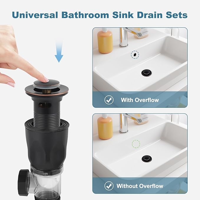 iFealClear Bathroom Sink Drain Kits, Flexible P-Trap Drain Pipe with Pop Up Stopper, Bathroom Sink Pipe Replacement with 2 Adapters, Fits 1-1/4'', 1-1/2'', 2" Holes, Hair Catcher, Oil Rubbed Bronze