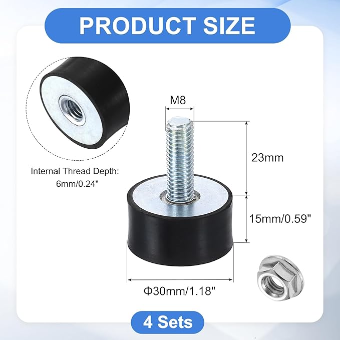 uxcell M8 Rubber Mounts, 4Pcs 30x15mm(DxH) Rubber Cylindrical Anti Vibration Isolator Shock Absorber with Lock Nut for Car Bobbin Generator Air Compressors
