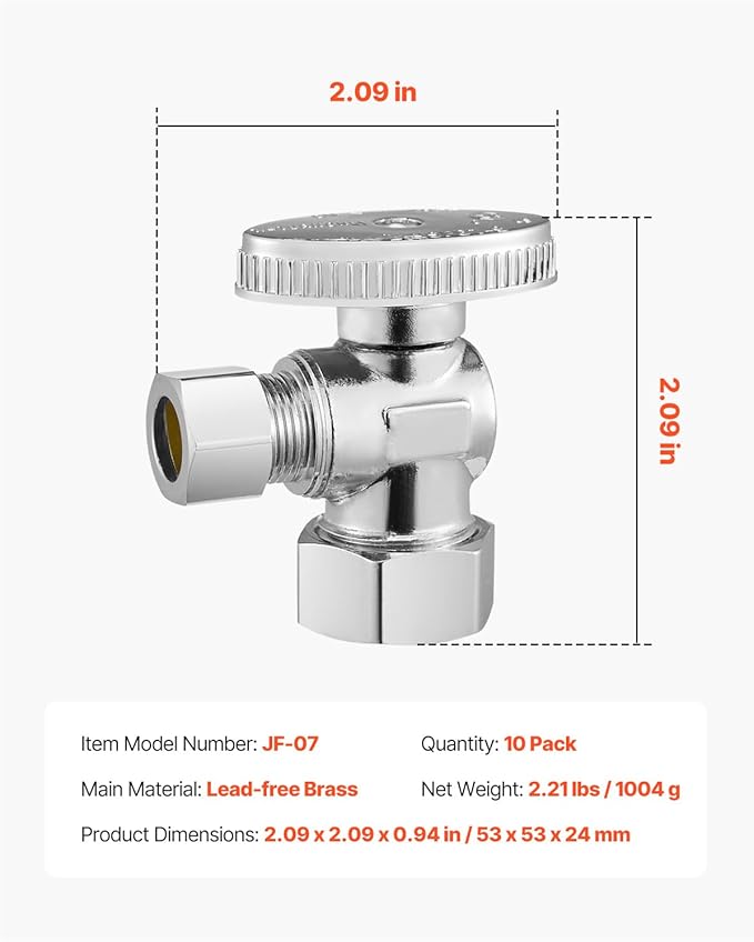 VEVOR 10-Pack Angle Stop Valve, 1/4 Turn Water Shut Off Valves, 1/2" Nominal (5/8" OD) Compression Inlet x 3/8" OD Compression Outlet Shutoff Valve for Bathroom Kitchen Toilet Shower Plumbing