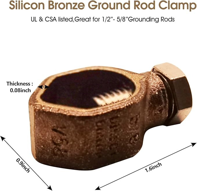 Silicon Bronze Ground Rod Clamp,UL & CSA listed,Great for 1/2”- 5/8’’ Grounding Rods (1, 1/2''-5/8'')