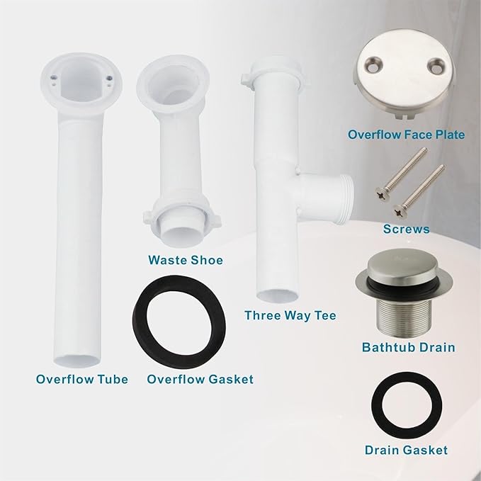 Tubular Bath Tub Drain Kit 1-1/2" with Brushed Tip-Toe Bathtub Drain Stopper, Welsan Touch-Toe Bath Plug Waste and Overflow Face Plate, PVC Plastic Pipe (Brushed Nickel)