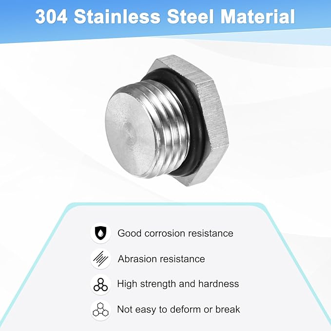 2-Pack Outer Hex Head Thread Pipe Plug Fitting, M16x1.5mm Male 304 Stainless Steel Solid Thread Bung Plug with Sealing Ring for Terminating Pipe Ends