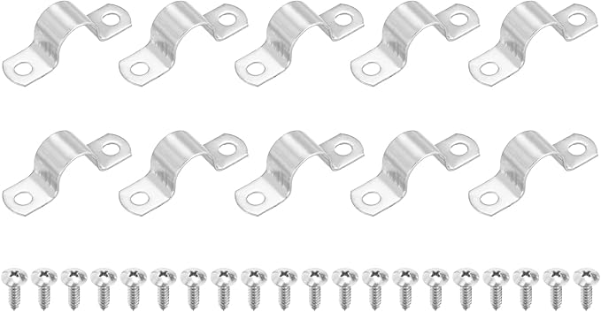 uxcell 10Pcs 20mm(13/16") Two Hole Rigid Pipe Strap, 304 Stainless Steel Conduit Clamp Thicken U Bracket Heavy Duty Pipe Clamp with Self-Tapping Screws for Fixing Tube Cable, Silver