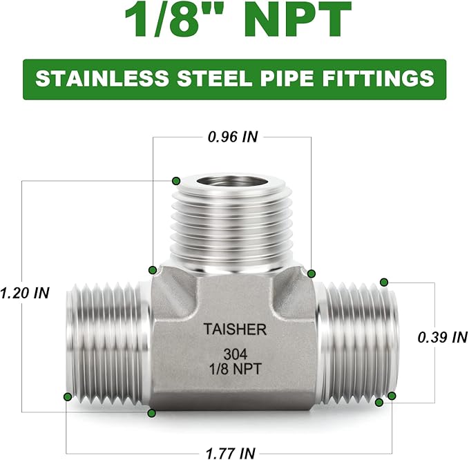 TAISHER 1PCS Forging of 304 Stainless Steel Tee Pipe Fittings, 1/8" x 1/8" x 1/8" NPT Male Pipe Fittings