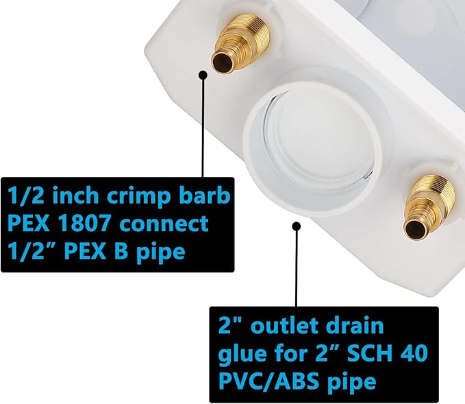 (1 Pack) Lidertik Washing Machine Outlet Box PEX with Hammer Arrestors and Center Drain, Inlet 1/2 inch PEX-B 1807 Crimp Barb x Outlet 3/4 inch Male Thread, Absorb Shock And Reduce Noise LI-621-11