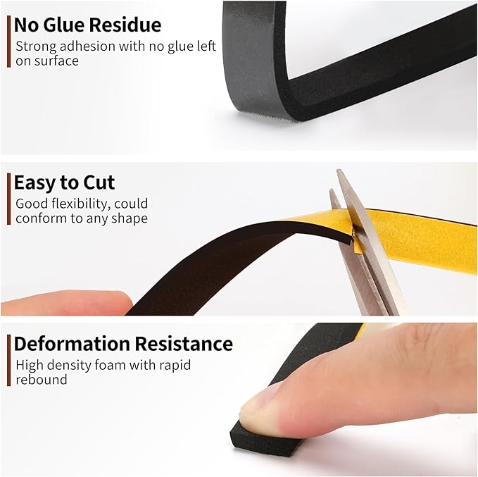 Yotache Weather Stripping Door Seal Strip 1/2 x 1/4 inch, 2 Rolls x 13Ft, New Adhesive Foam Insulation Tape for Door Frames, Windows, Total 26Ft