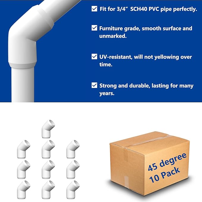 ‌letsFix 45 Degree PVC Fittings 3/4 Inch (10-Pack), Furniture-Grade, Heavy-Duty Pipe Connectors for Plumbing, DIY Projects, and Home Furniture Assembly, Compatible with 3/4" Schedule 40 PVC Pipes‌