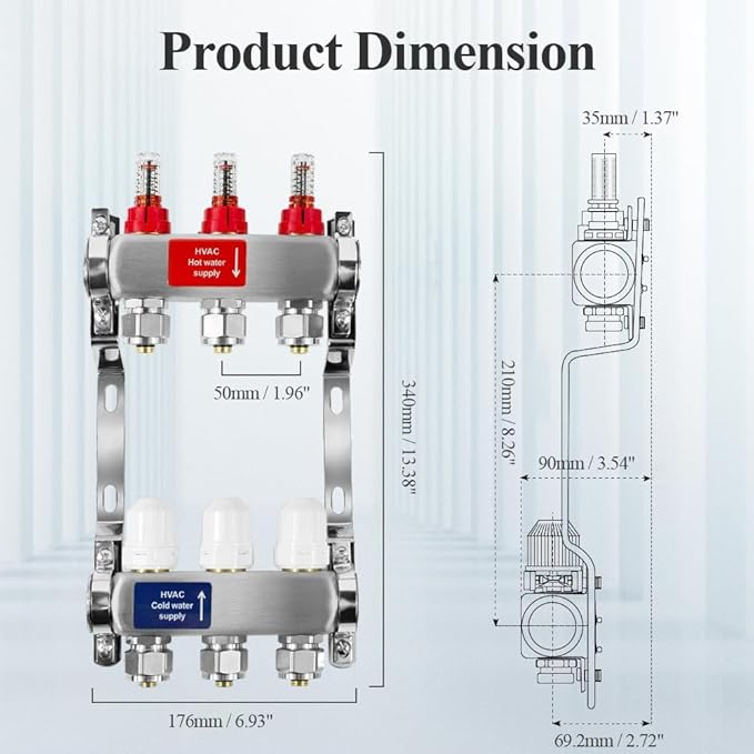 AB 3 Loop PEX/Radiant Manifold, 1/2 Inch Compatible Outlets, Up to 1.4 GPM Flow Valve for Hydronic Radiant Floor Heating(1/2" Connectors Included)