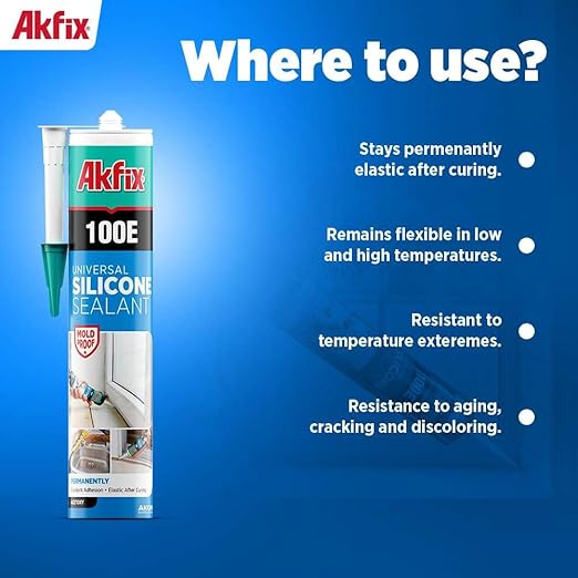 Akfix 100E RTV Clear Silicone Caulk (4x10.1 fl.oz.) - 100% Waterproof Silicone Sealant for Kitchen and Bathroom, Shower, Toilet, Sink, Window and Door, No Yellowing | Clear, 4 Pack