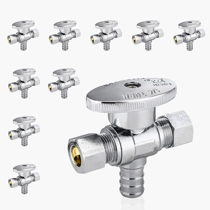 10-Pack GUOFIS PEX Angle Stop Valve with Dual Compression Outlet,1/2" PEX Crimp Inlet x (3/8" x 3/8") Outlet Shut-off Valves(1/4 Turn,Chrome)(VALVE125-10Pack)