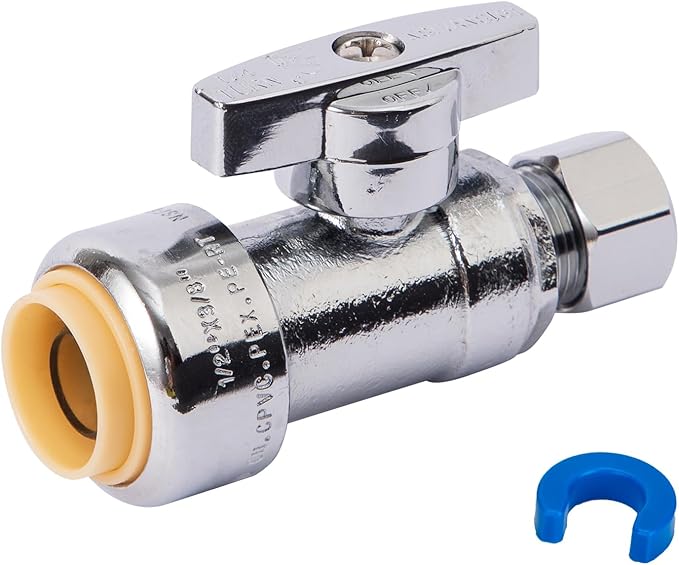 Straight Stop Valve, SUNGATOR Straight Water Shut Off Valve 1/2 x 3/8 Inch Compression, Toilet Water Shutoff, 1/4 Turn, No Lead Brass Push to Connect Plumbing Fitting, PEX Pipe,Copper,CPVC, Pack of 1