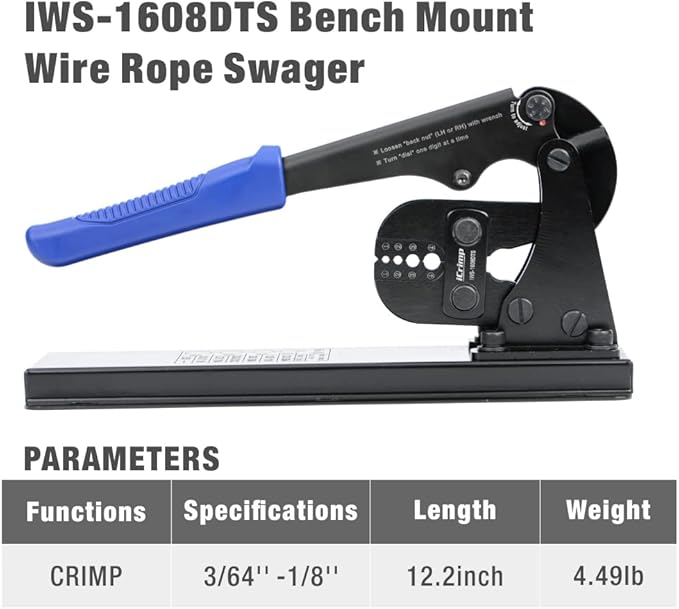 iCrimp Bench Swaging Tool for Crimping Aluminum Wire Rope End Sleeve, Duplex, Oval Sleeves, 3/64 in to 1/8 in (Bench Mounted Crimper)