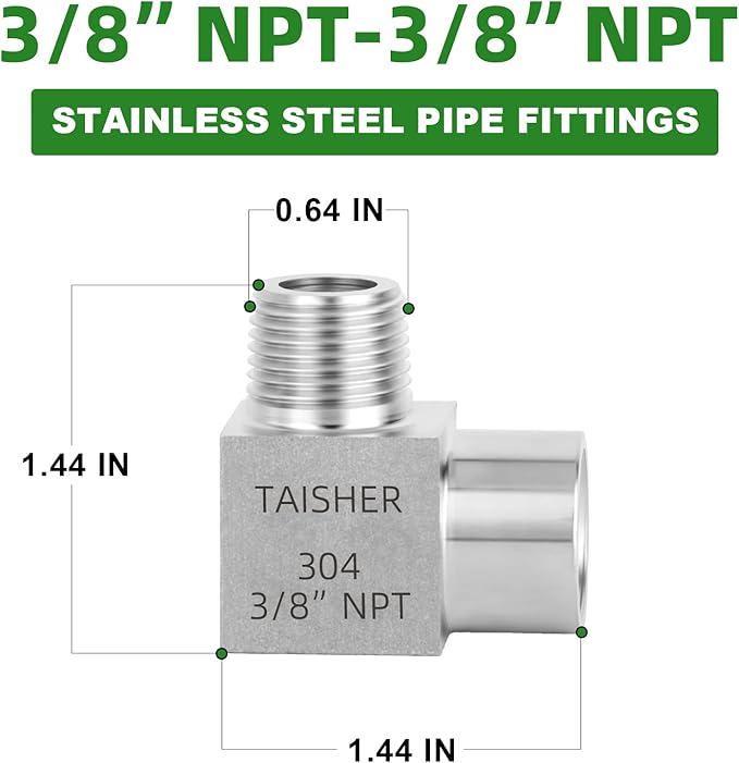 TAISHER 2PCS 304 Stainless Steel Square 90 Degree Barstock Street Elbow, 3/8 Inch NPT Male Pipe to 3/8 Inch NPT Female 304 Stainless Pipe Fitting
