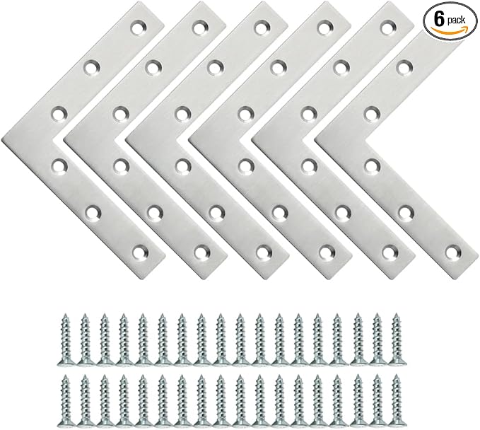 SAYAYO L Brace, 120x120mm / 5" x 5" Metal L Mending Plate L Flat Plate Bracket Stainless Steel Right Angle Corner Brace for Wood Brushed Nickel (6 PCS )