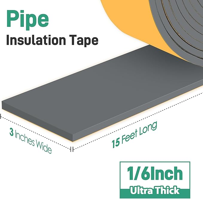 Pipe Insulation Tape, Foam Insulation Tape for Outdoor Pipes Winter Freeze Protection, Foam Pipe Insulation Wrap, Heat Tape for Water Pipes, Copper Pipes, PVC, AC Line, 3in x 15ft, Grey