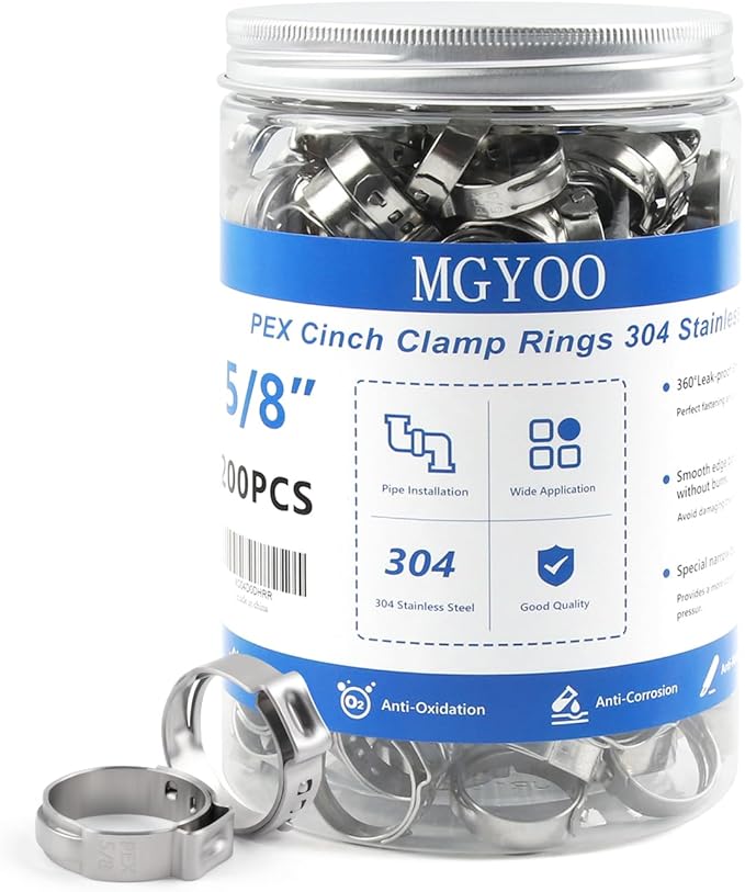 5/8 Inch PEX Clamps 200pcs Crimp Rings Single Ear Hose Clamps Stainless Steel Fittings Cinch Clamp Ring for Pipe Tubing
