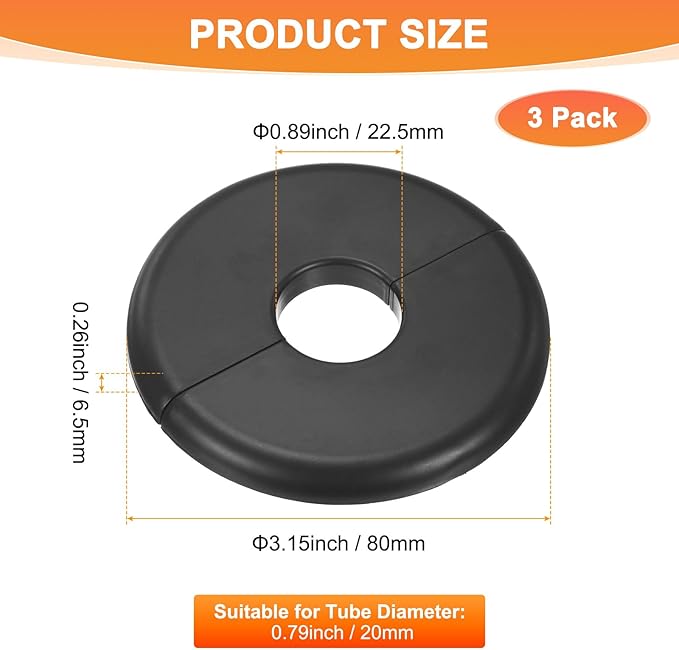 3-Pack Wall Split Flange, ABS Round Self-Adhesive Escutcheon Plate Cover Buckle for 20mm/0.79 in Dia Pipe Accessories/Floor/Ceiling, Plumbing Cover Plates [Black,6.5mm/0.26in H]