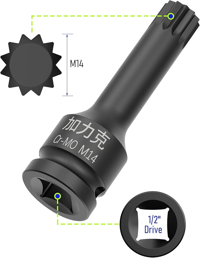 1/2-Inch Drive x M14(14mm） Impact XZN Triple Square Spline Bit Socket, Metric Lengthen Screwdriver Socket Adapter, 3-Inch Length, CR-MO Steel, One-Piece Construction, Black