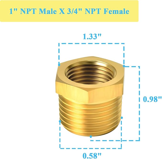 6 PCS Brass Reducer Hex Bushing Threaded Pipe Fitting 1" NPT Male x 3/4" NPT Heavy Duty Brass Fitting Pipe Hose Tube Adapter Convert