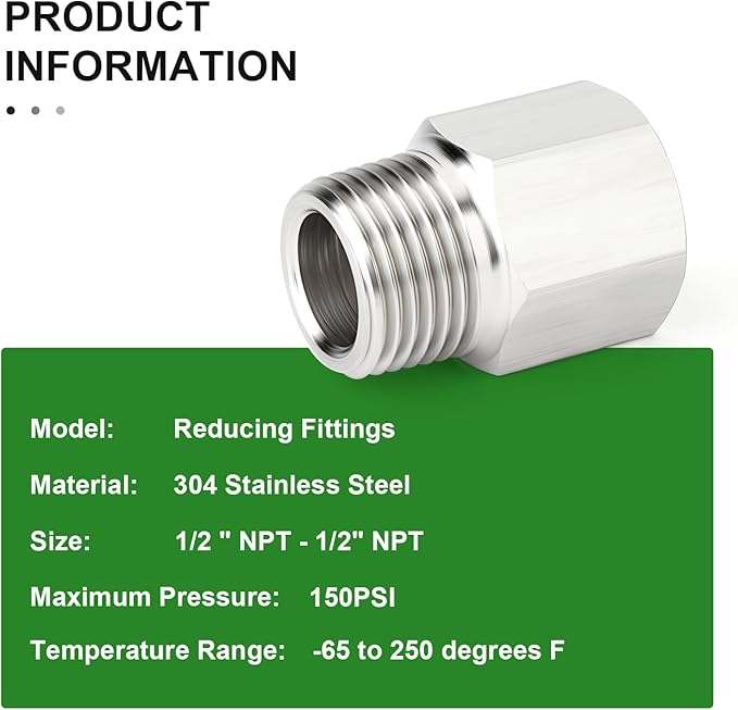 TAISHER 10PCS 304 Stainless Steel Pipe Fitting, Reducer Adapter, 1/2" NPT Male x 1/2" NPT Female