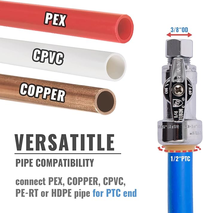 Straight Stop Valve, 12-Pack SUNGATOR Straight Water Shut Off Valve 1/2 x 3/8 Inch Compression, Toilet Water Shutoff, 1/4 Turn, No Lead Brass Push-to-Connect Plumbing Fittings for PEX Pipe,Copper,CPVC