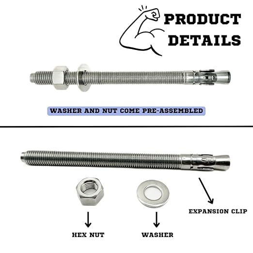 Wedge Anchors – Heavy-Duty 304 Stainless Steel Expansion Bolts for Concrete & Masonry, Rust-Resistant & Durable - 3/4" X 10" - 5 Pack