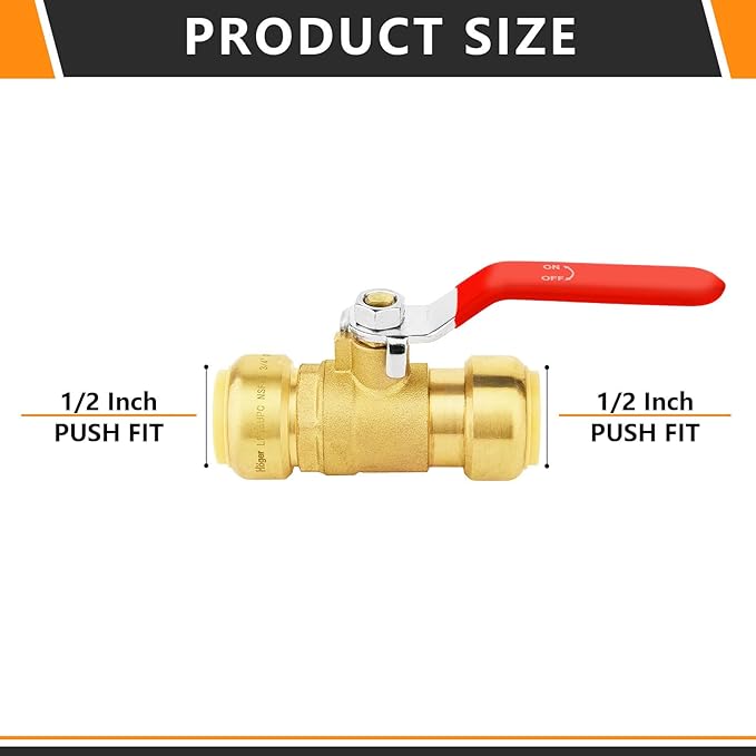 50-PCs HeSun Push Fit Ball Valve, 1/2-Inch Push-to-Connect Full Port Shut-off Valve for Hot and Cold Water,with 1 Disconnect Clip, PEX,Copper,CPVC, Red(PF-VALVE046-50)
