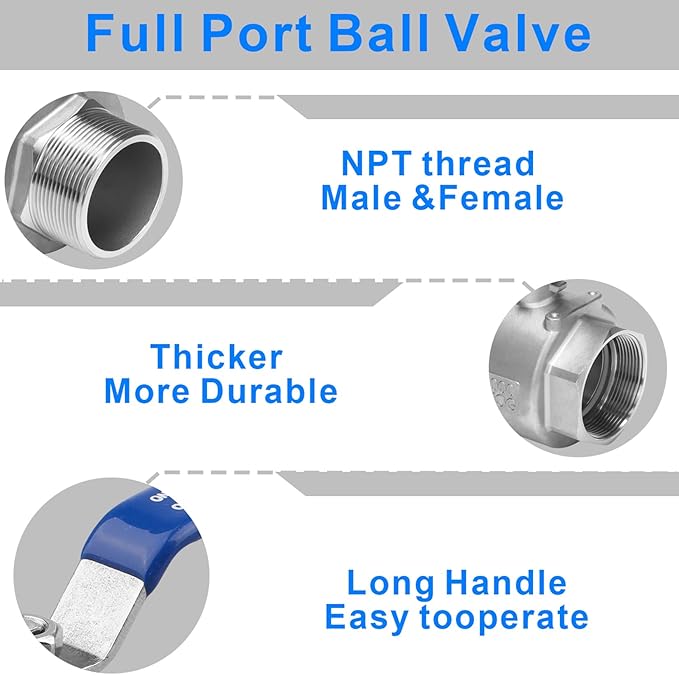 DERNORD 2 Pack Full Port Ball Valve 1-1/2 Inch - Male x Female Stainless Steel 304 Heavy Duty for Water, Oil, and Gas, 1000WOG