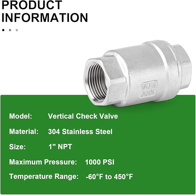 TAISHER 2PCS 304 Stainless Steel 1" NPT Female Vertical Check Valve，Backflow Prevention, One Way Spring Check Valves CF8 WOG 1000