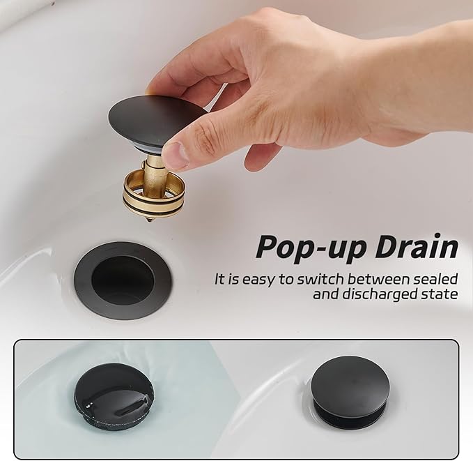 BWE Matte Black One Piece Bathroom Vessel Sink Drain Stopper with OverflowPop Up Drain Assembly with Strainer for Bathroom Vessel Vanity Faucet